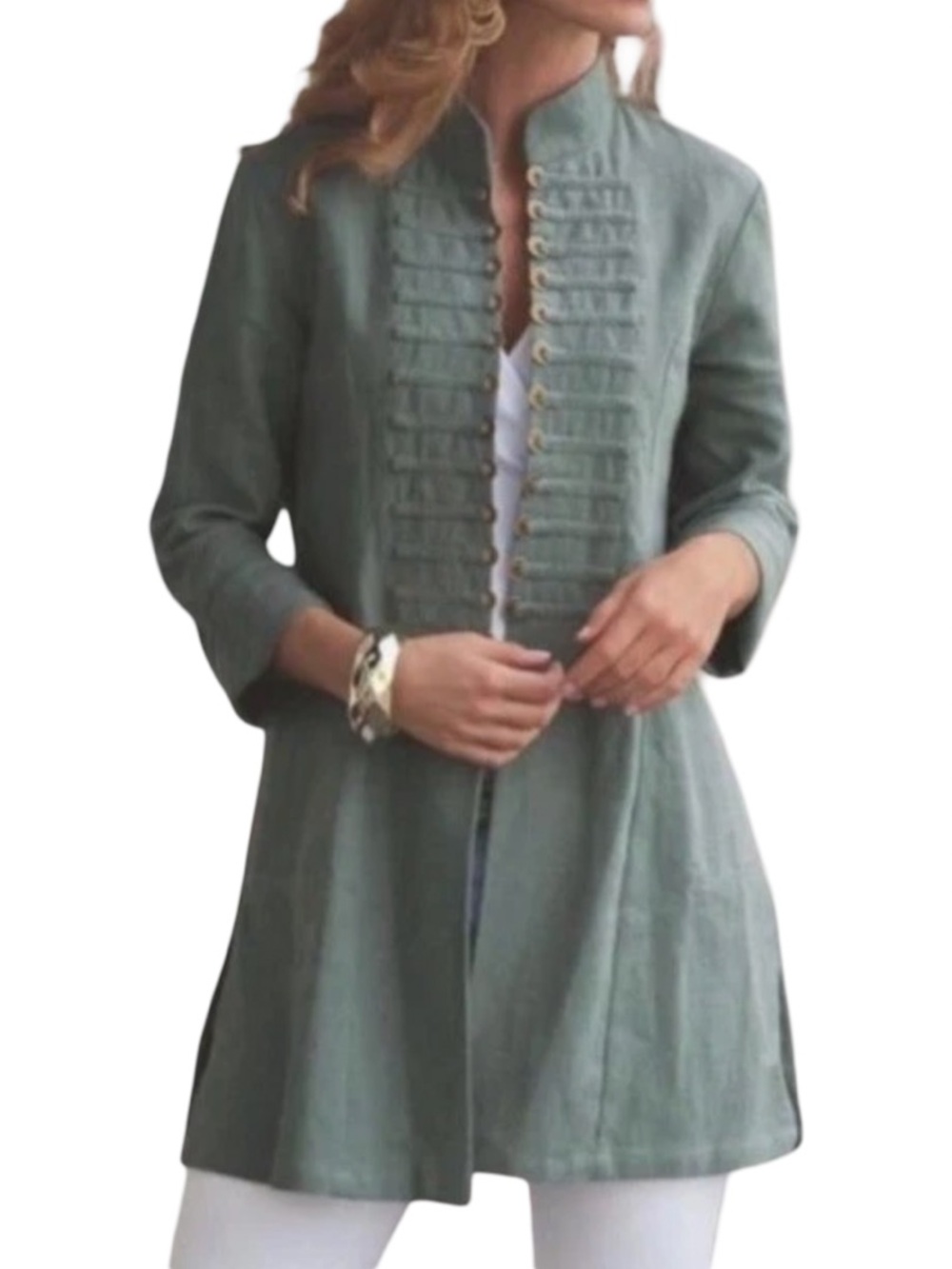 Soft Surroundings Sage Green Military Mandarin Collar Tunic Coin Jacket 3X